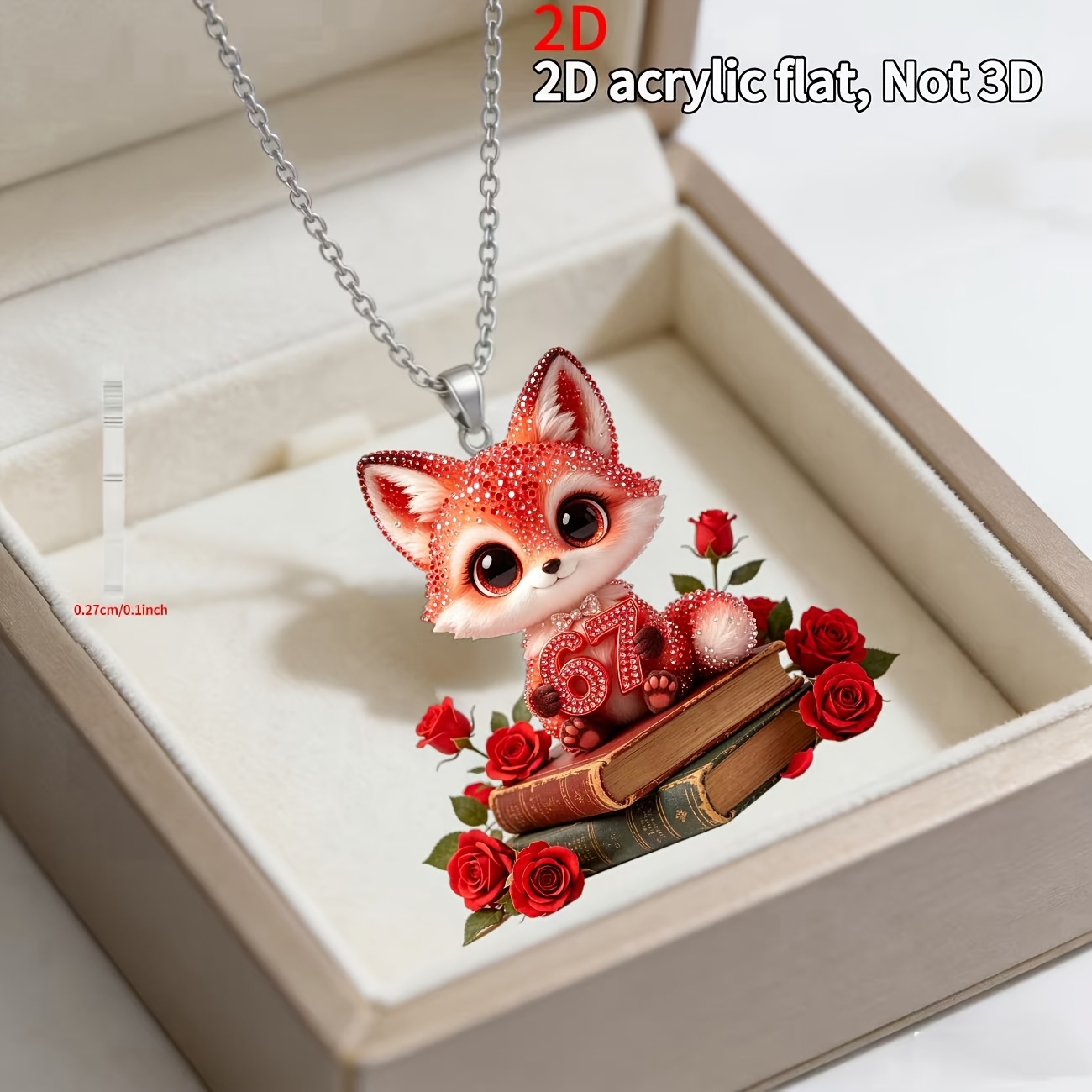 2D Acrylic Red Rose Fox Pendant Necklace, Gift Idea